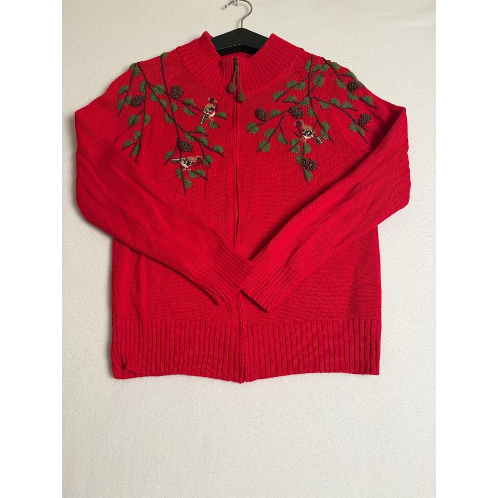Christopher & Banks Red Embroidered Bird Pinecone Zip Up Cardigan Sweater XL